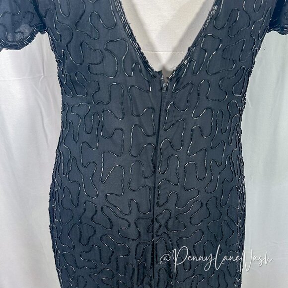 Laurence Kazar Vintage 80s Silk Bead-Sequin Dress Black - Picture 9 of 14